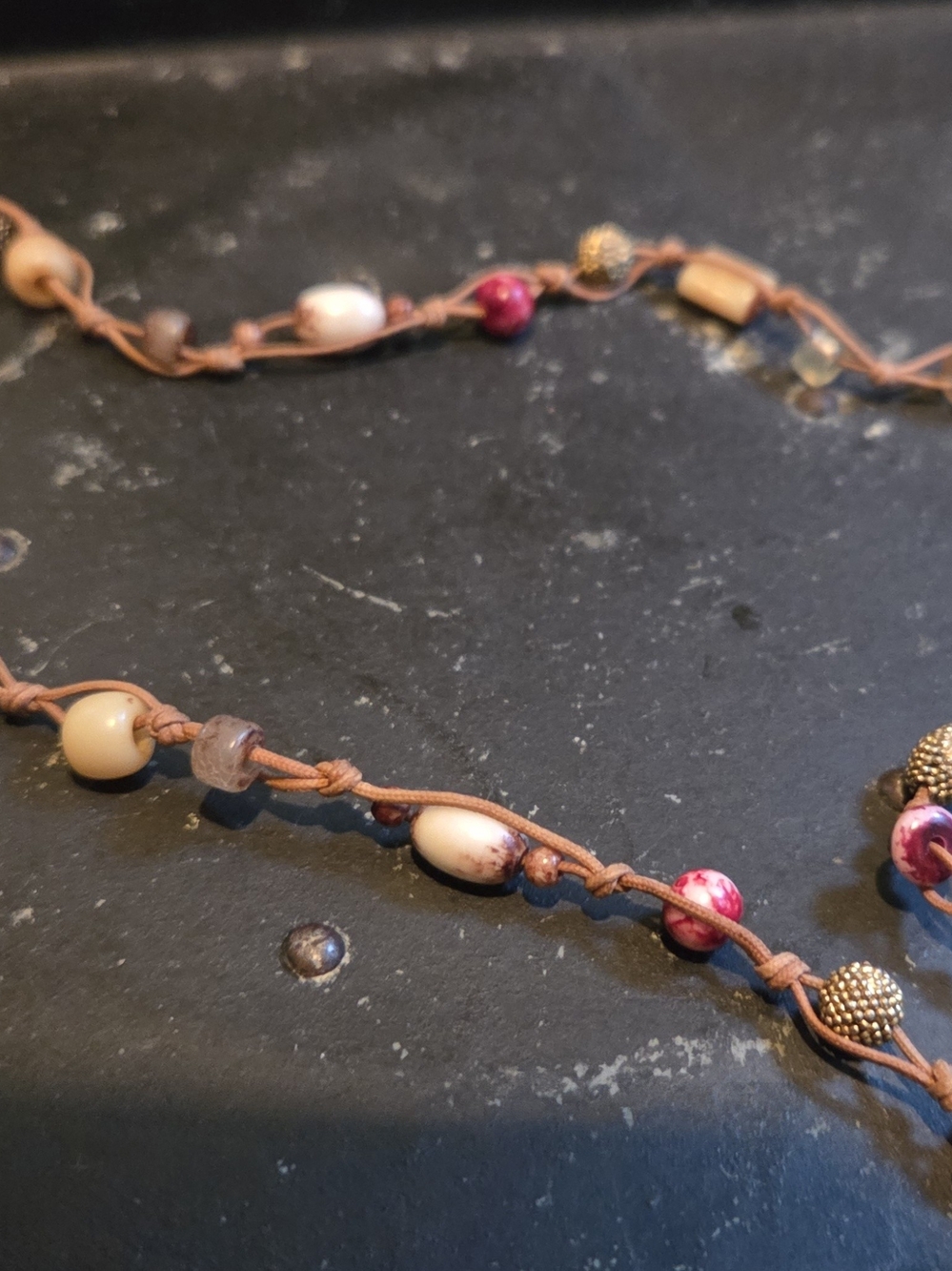 Handmade Art Glass Bead Necklace with Cream and Pink Accents